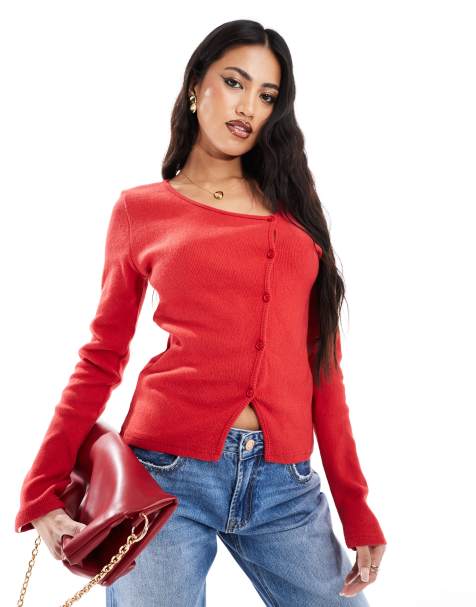 In The Style asymmetric button through knitted top in red