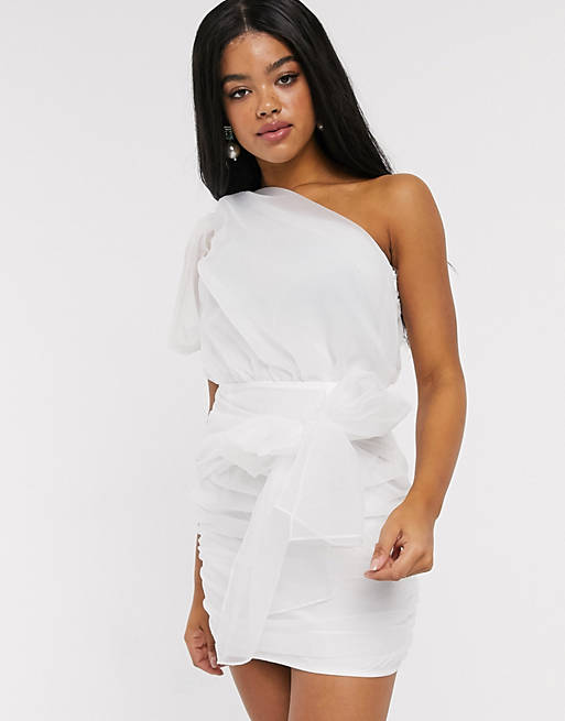 In The Style asymmetric ruched mesh drape detail mini dress in white | ASOS