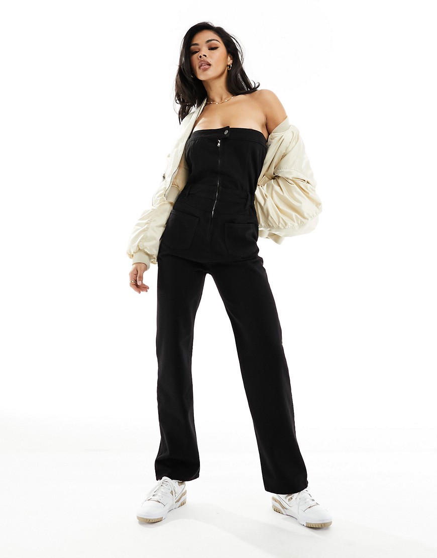 In The Style bandeau denim jumpsuit in black