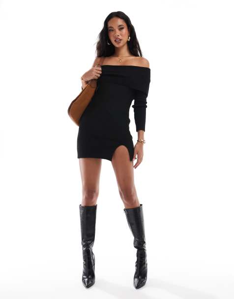In The Style bardot foldover knitted mini jumper dress in black - view 1