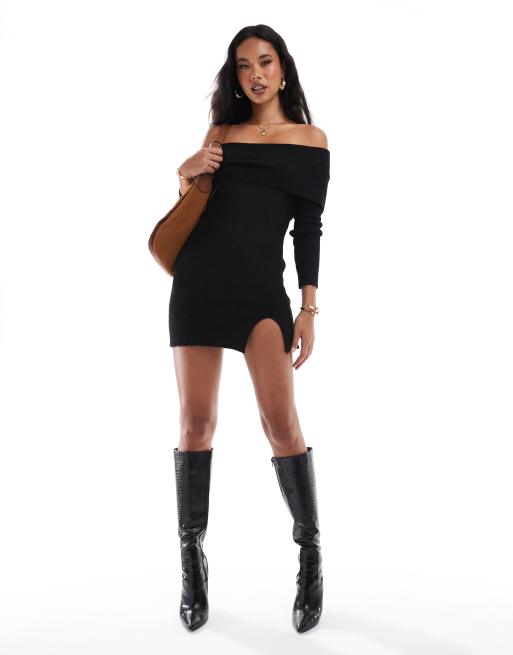 In The Style bardot foldover knitted mini jumper dress in black