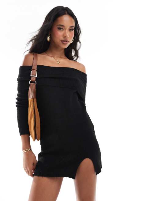 In The Style bardot foldover knitted mini jumper dress in black ASOS