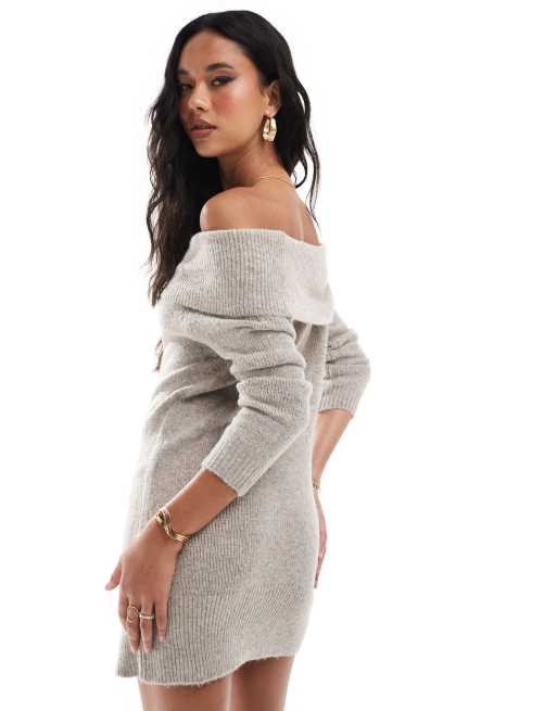 In The Style bardot foldover knitted mini jumper dress in stone