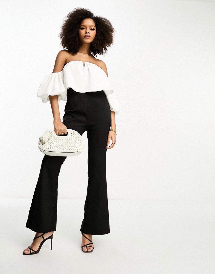 bardot puff sleeve flared jumpsuit in black and white-Multi