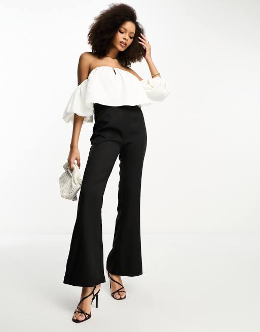 Black and white off the store shoulder jumpsuit