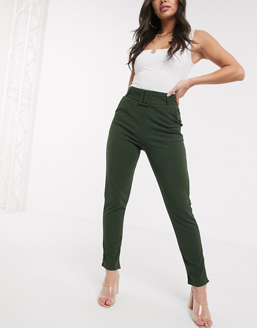In The Style belted cigarette trousers in khaki
