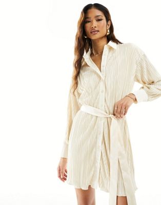 In The Style belted plisse shirt dress in cream