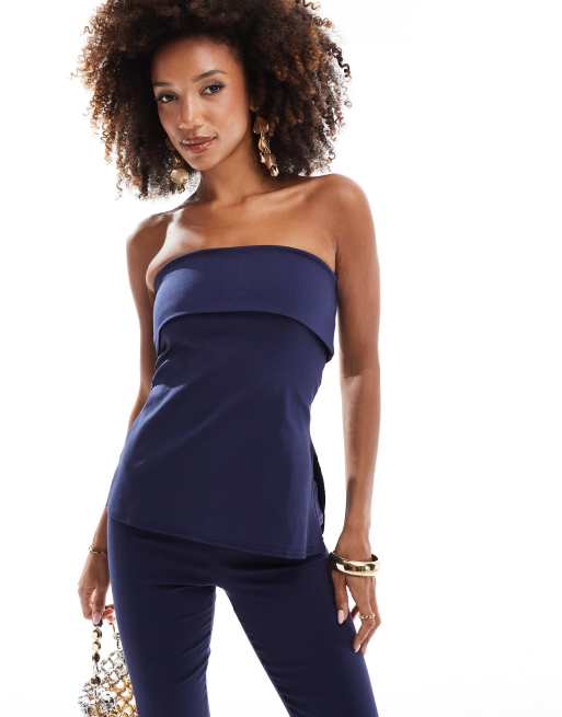 In The Style bengaline foldover bandeau longline top in navy (part of a set)