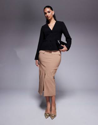 bengaline structured split front pocket detail midi skirt in camel-Neutral