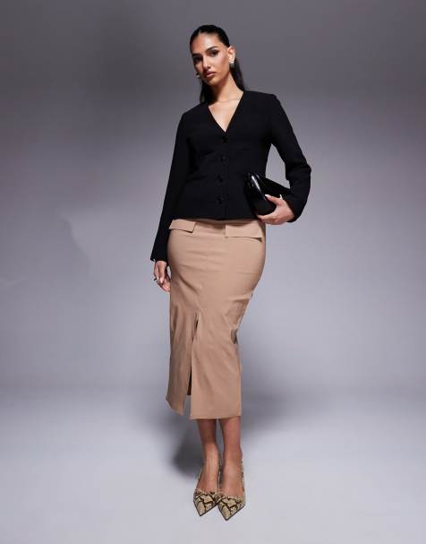 In The Style bengaline structured split front pocket detail midi skirt in camel - view 1