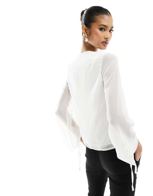 In The Style - Blouse met ruches en gestrikte mouwen in wit, 4 van 4