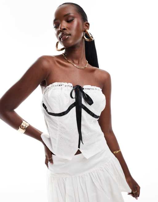 In The Style broderie bandeau contrast ribbon top in white