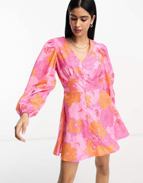 In The Style button through volume sleeve mini skater dress in pink floral - view 1