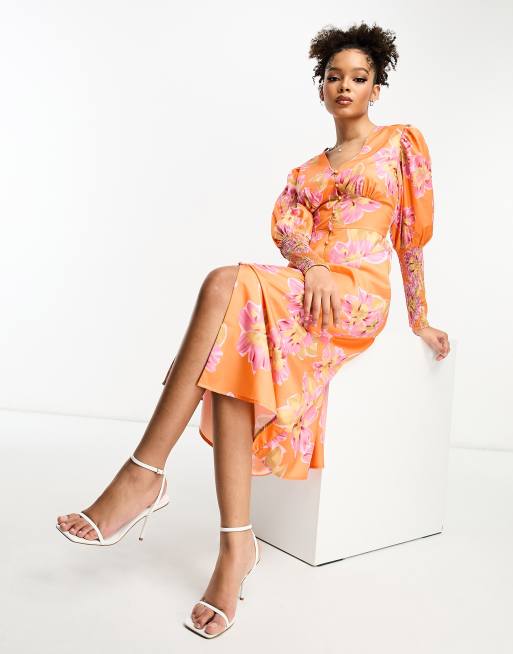 In The Style button up shirred cuff detail midi tea dress in orange floral print Multi