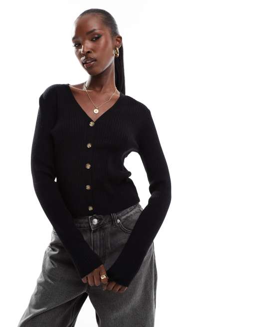 In The Style - Cardigan aderente nero in maglia a coste con bottoni
