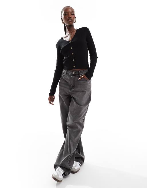 In The Style - Cardigan aderente nero in maglia a coste con bottoni, 3 di 4