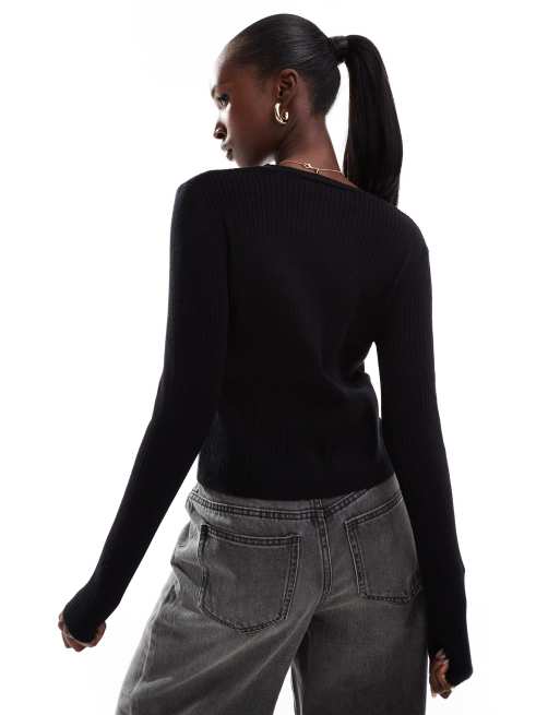 In The Style - Cardigan aderente nero in maglia a coste con bottoni, 4 di 4
