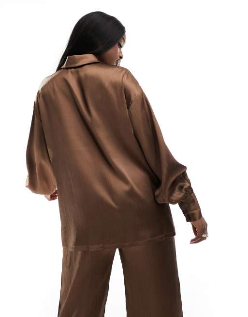 In The Style - Chemise d'ensemble à manches longues en satin - Chocolat, 4 de 4