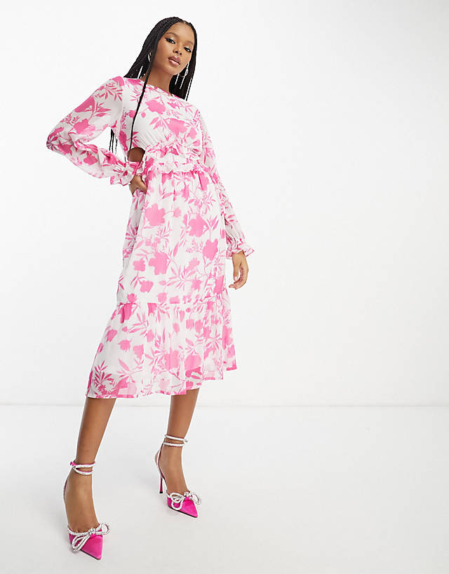 In The Style - chiffon side cut out midi dress in white and pink floral
