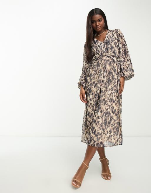 Snake Print Blouson Sleeve Wrap Midi Dress