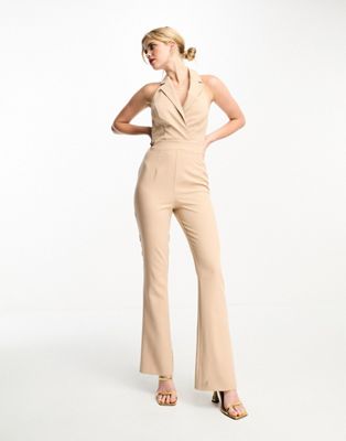 In The Style tailored halterneck sleeveless flared jumpsuit in stone - ASOS Price Checker
