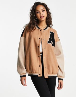 In The Style contrast oversized varsity bomber jacket in camel