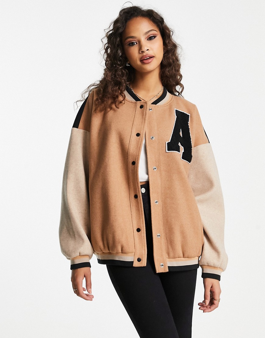In The Style contrast oversized varsity bomber jacket in camel-Neutral