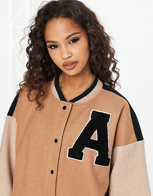 In The Style Contrast Oversized Varsity Bomber Jacket in camel-Neutral