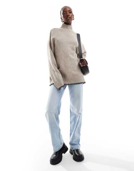 In The Style contrast stitch high neck jumper in stone, 2 of 4