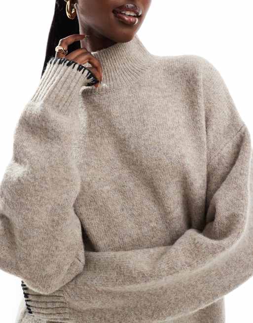 In The Style contrast stitch high neck jumper in stone, 4 of 4