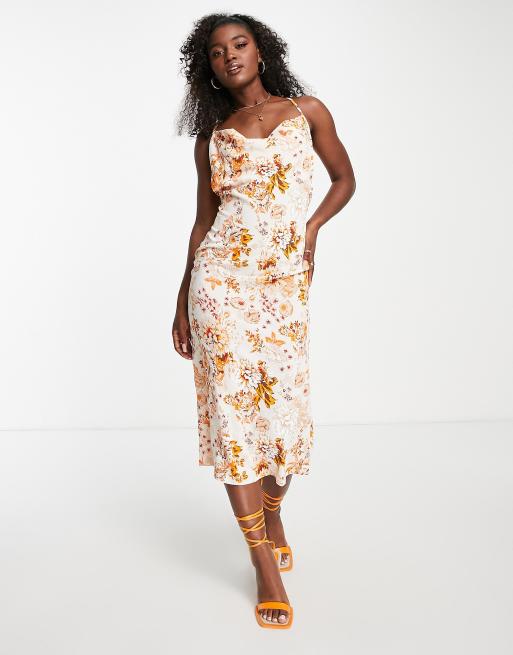 Rust Floral Print Button Detail Satin Midi Slip Dress