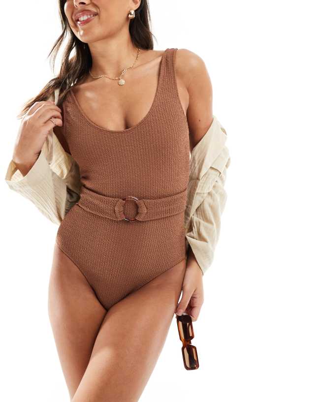 In The Style - crinkle scoop neck ring belted swimsuit in brown