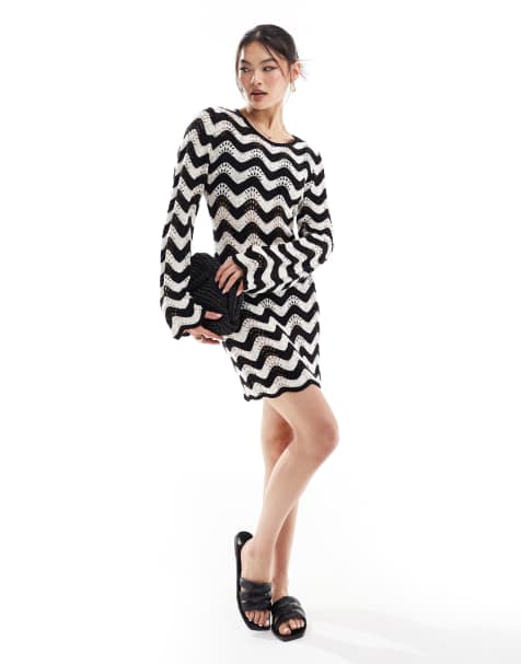 In The Style crochet bell sleeve mini beach dress in cream & black chevron print - view 1