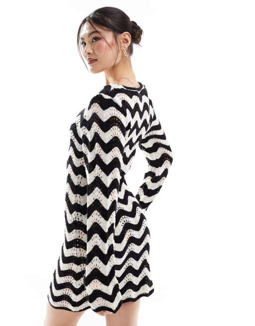 In The Style crochet bell sleeve mini beach dress in cream black chevron print