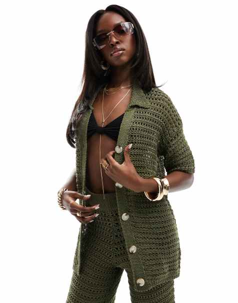 In The Style crochet button through short sleeve shirt in olive (part of a set) - view 1