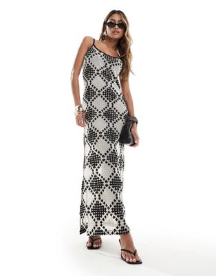 crochet cami maxi dress in black and white patchwork