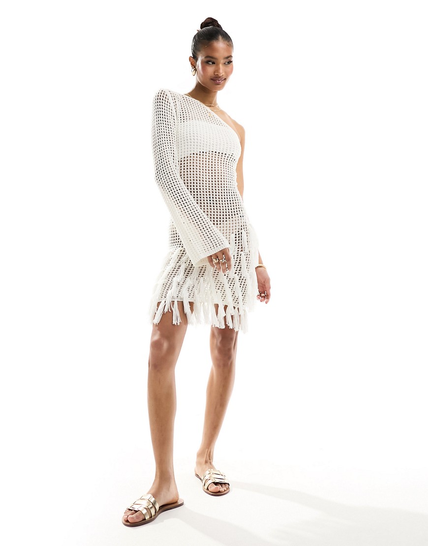 In The Style crochet one sleeve fringe detail mini dress in cream-White