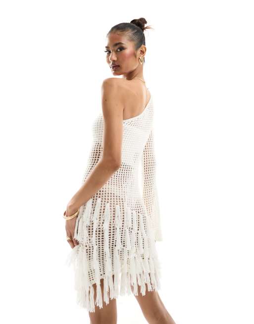White crochet one shoulder mini dress sales