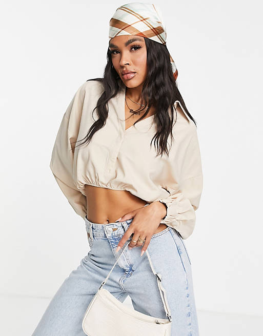 In The Style crop balloon sleeve shirt in cream