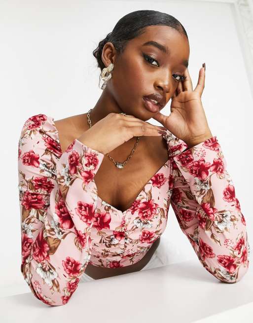 In The Style - Crop top met pofmouwen in rozenprint, 2 van 4