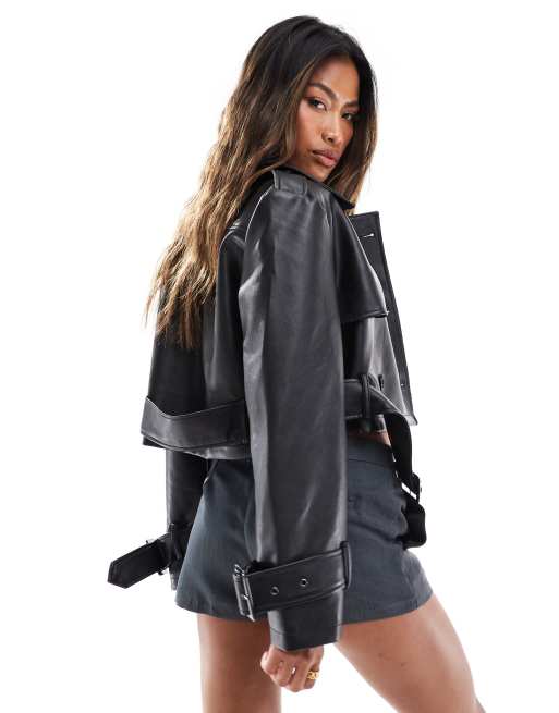 In The Style - Cropped double breasted jack met leerlook in zwart, 4 van 4