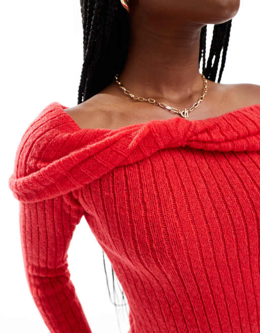 In The Style – Czerwony dzianinowy sweter z dekoltem bardot, 3 z 4