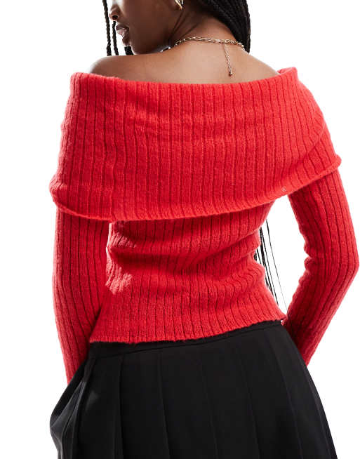 In The Style – Czerwony dzianinowy sweter z dekoltem bardot, 4 z 4
