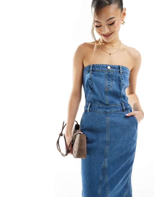 In The Style denim bandeau midaxi dress in blue