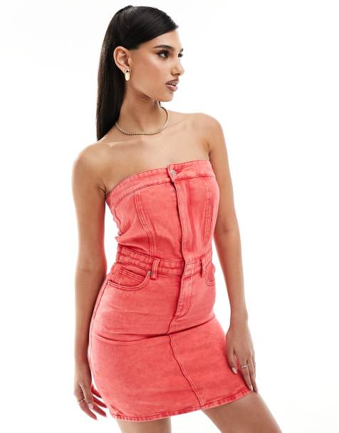 In The Style denim bandeau mini dress in washed red - view 1