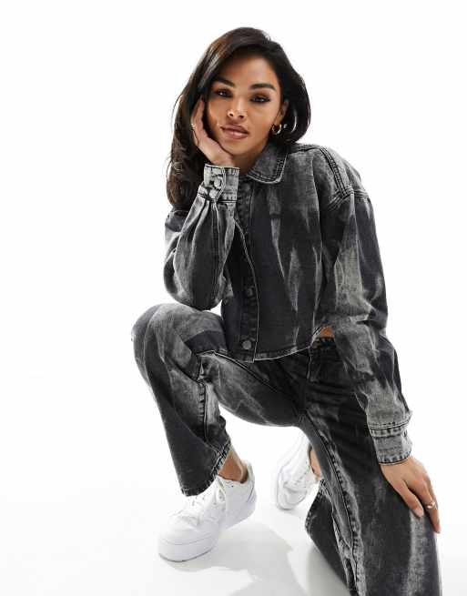 In The Style denim crop shirt in bleach wash black (part of a set)