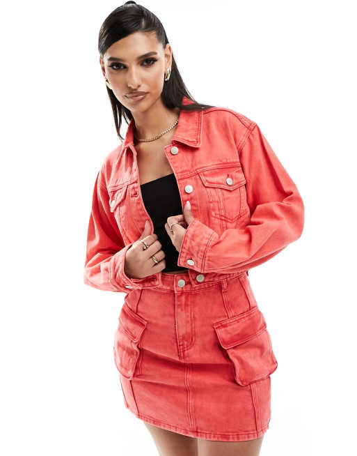 Red denim jacket hot sale and skirt set