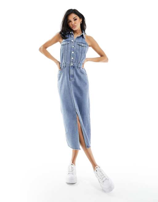 In The Style denim halterneck button through dress in blue | ASOS