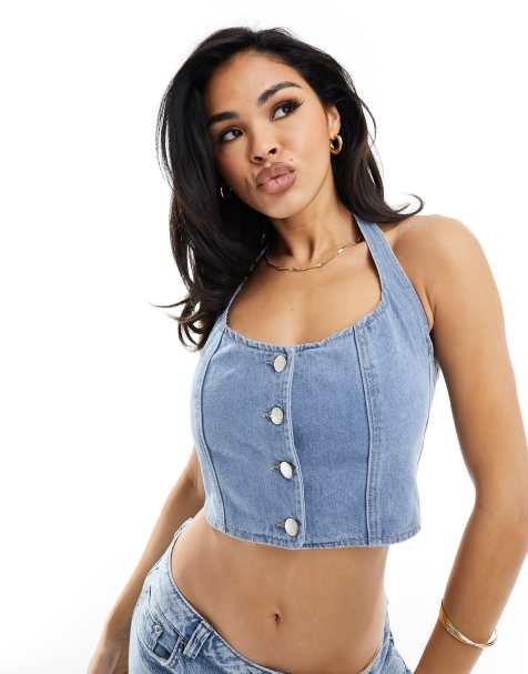 In The Style denim halterneck top in blue - view 1