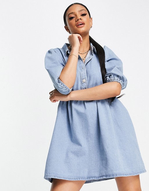 In The Style denim puff sleeve smock dress in blue